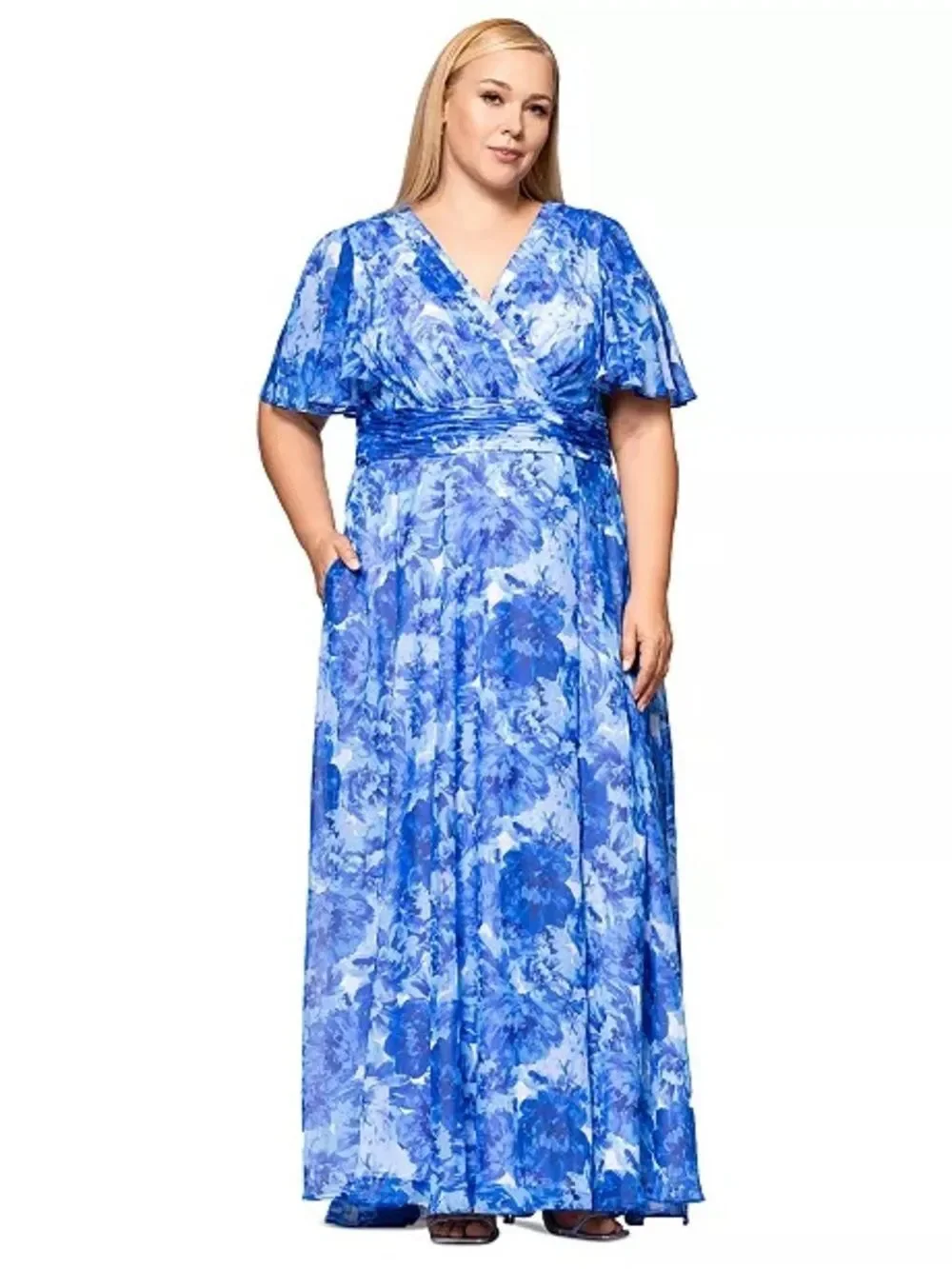 NWT Betsy & Adam Blue Plus Suze Floral Gown Size 20W 20